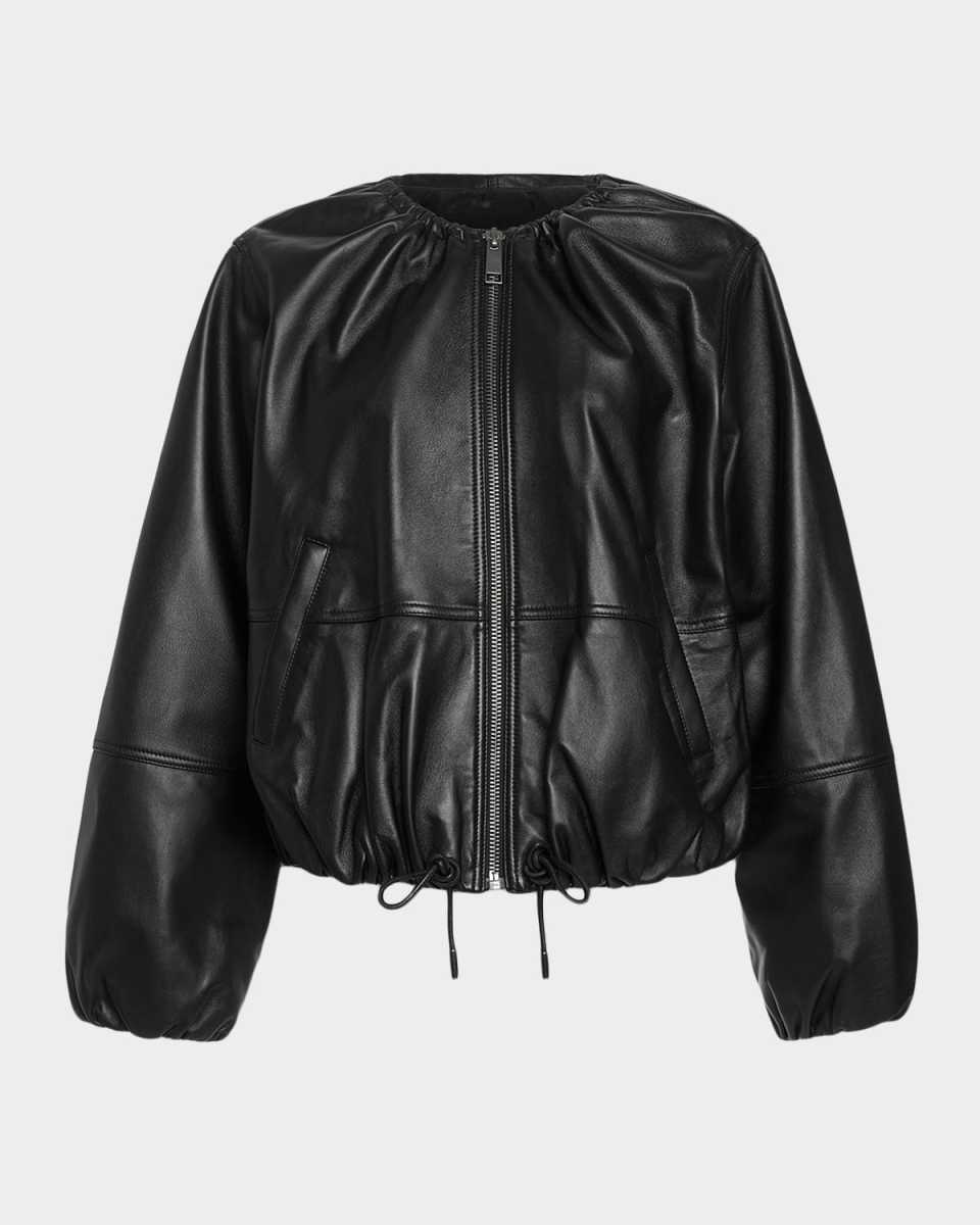 Priscilla Collarless Leather Bomber Jacket